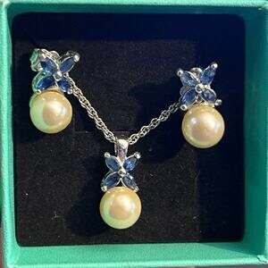 Luna Mia Sterling Silver Sapphire & Pearl Pendant Necklace and Earrings Set